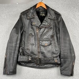 Lesco Leathers Jacket Mens 42 Black Motorcycle Biker Belted Asymmetrical Vintage